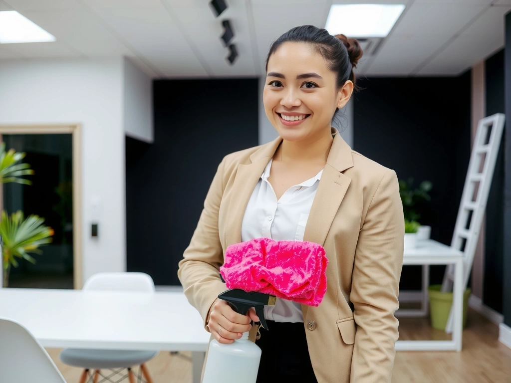 A professional cleaner smiling while holding cleaning supplies in a modern office.