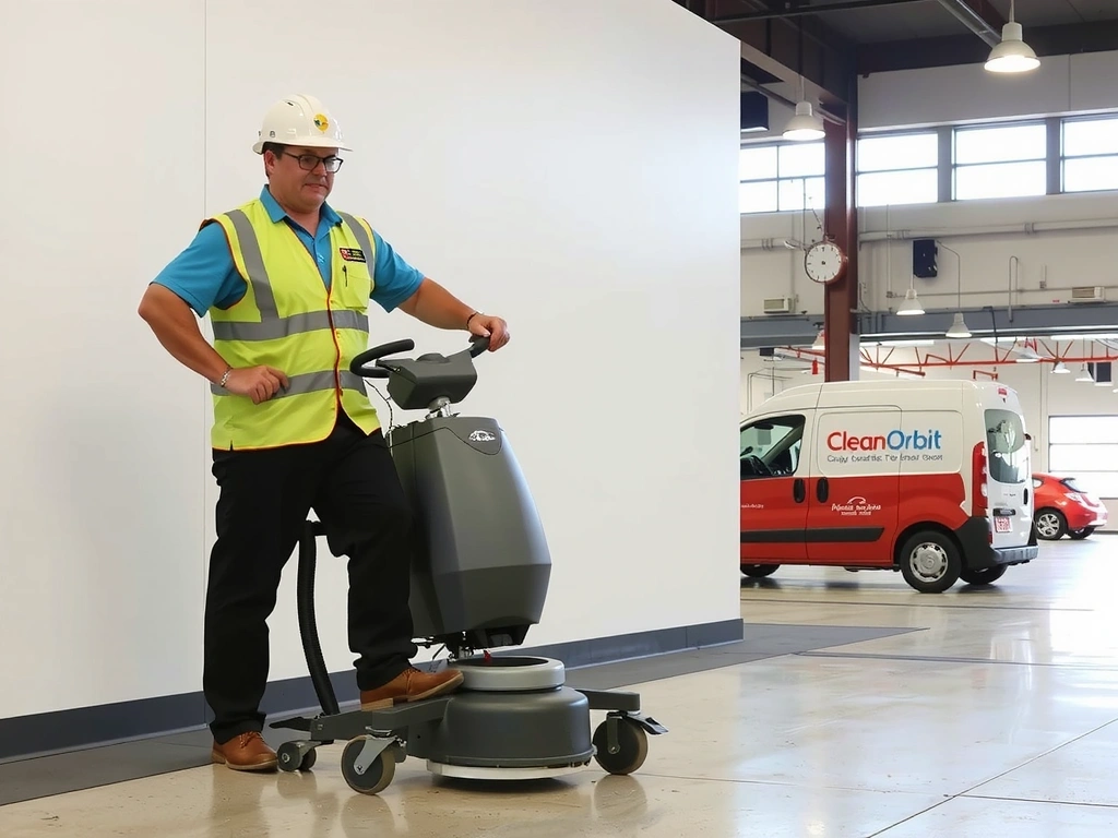 A cleaner operating a professional floor scrubbing machine in a large commercial space.
