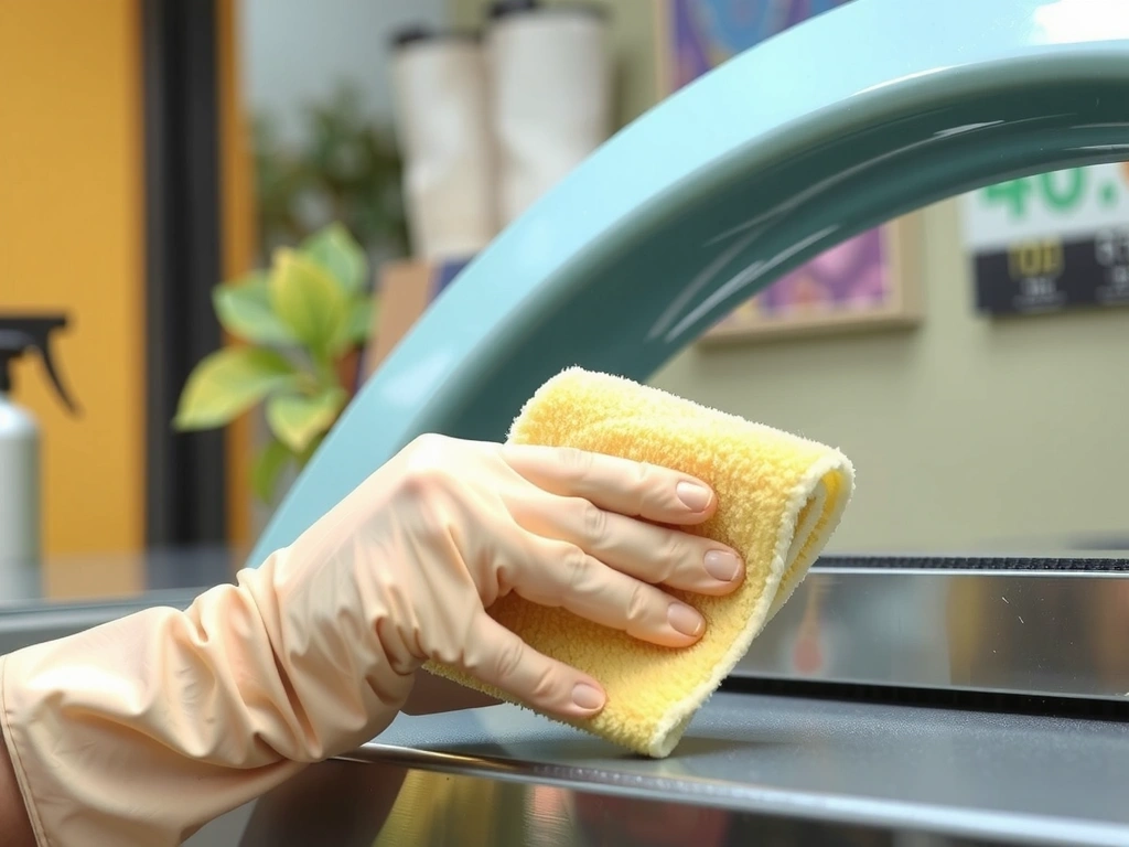 A close-up of a cleaner's gloved hands expertly polishing a stainless steel surface.