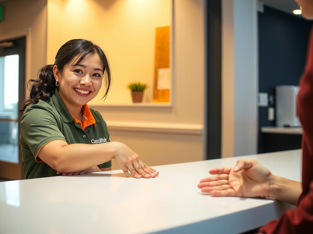 A cleaner smiling while demonstrating a clean, sanitized surface to a satisfied client.