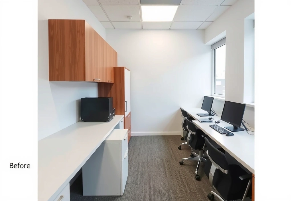 After image of the same office space, sparkling clean and organized.