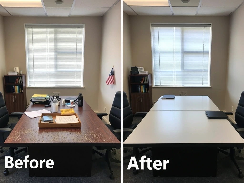 Before and after of a commercial office space, demonstrating the removal of dust and grime from desks and floors.