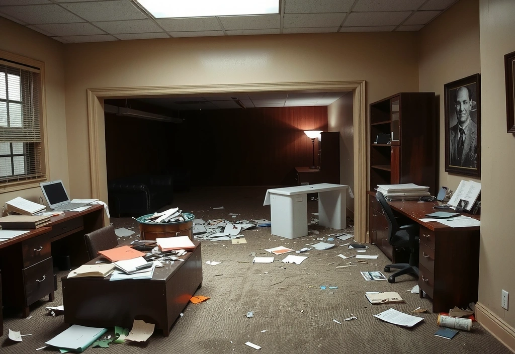 Before image of a dirty, unkempt office space.