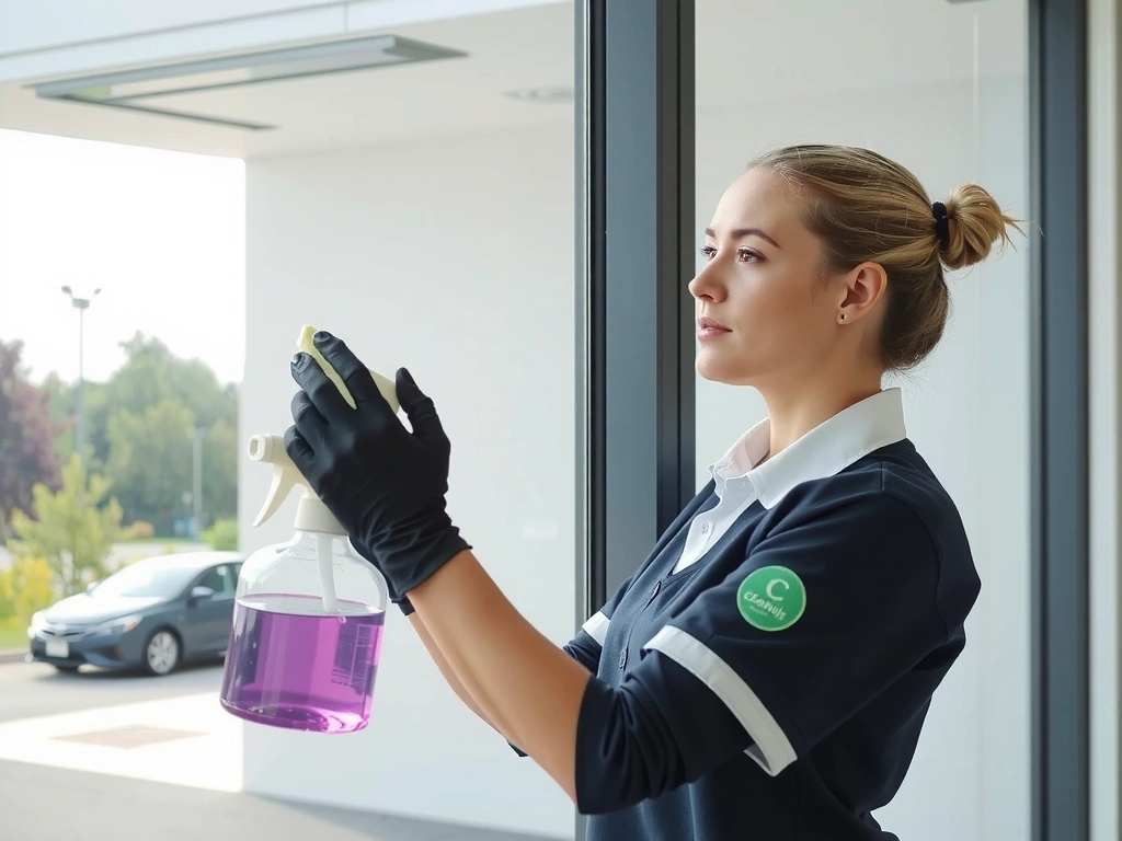 CleanOrbit team member meticulously cleaning a glass surface with a micro-fiber cloth.