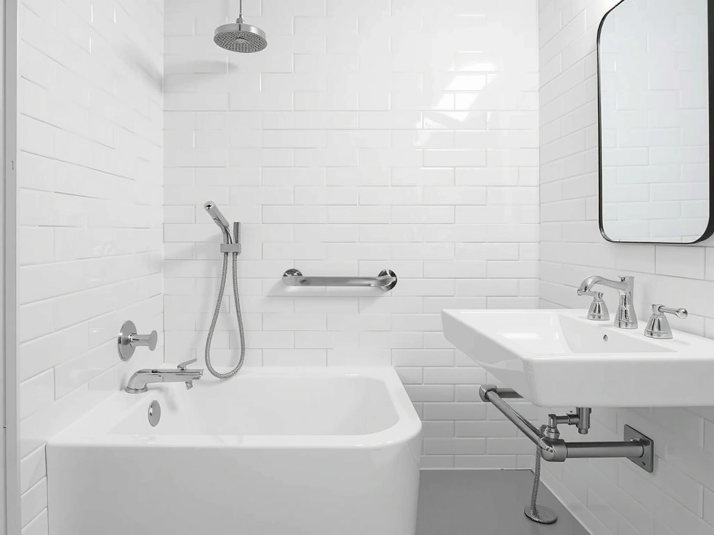 Cleaned and sanitized bathroom, featuring sparkling tiles, mirror, and fixtures.