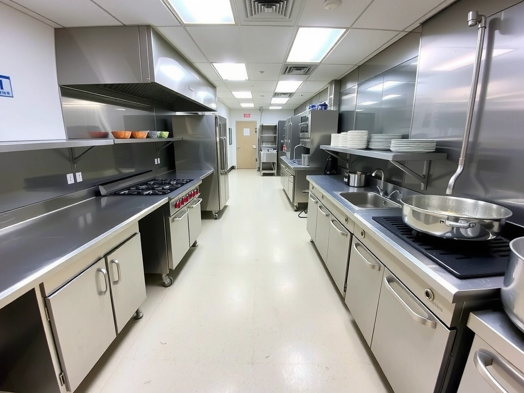 Industrial kitchen cleaned to health code standards, showing polished stainless steel surfaces.
