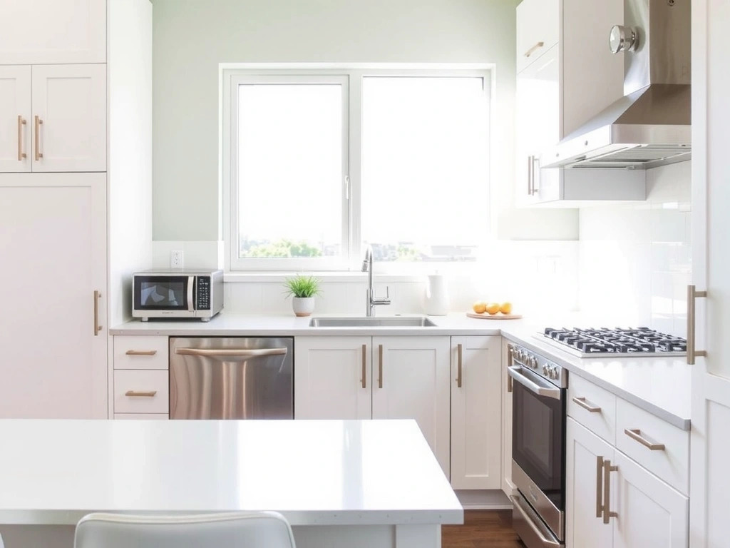 Sparkling clean kitchen after deep cleaning, showing gleaming countertops, spotless sink, and polished appliances.