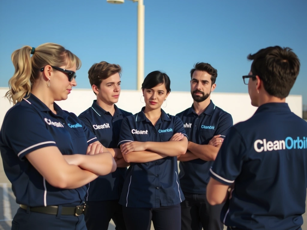 Team meeting for a quick briefing before starting the day's cleaning tasks.