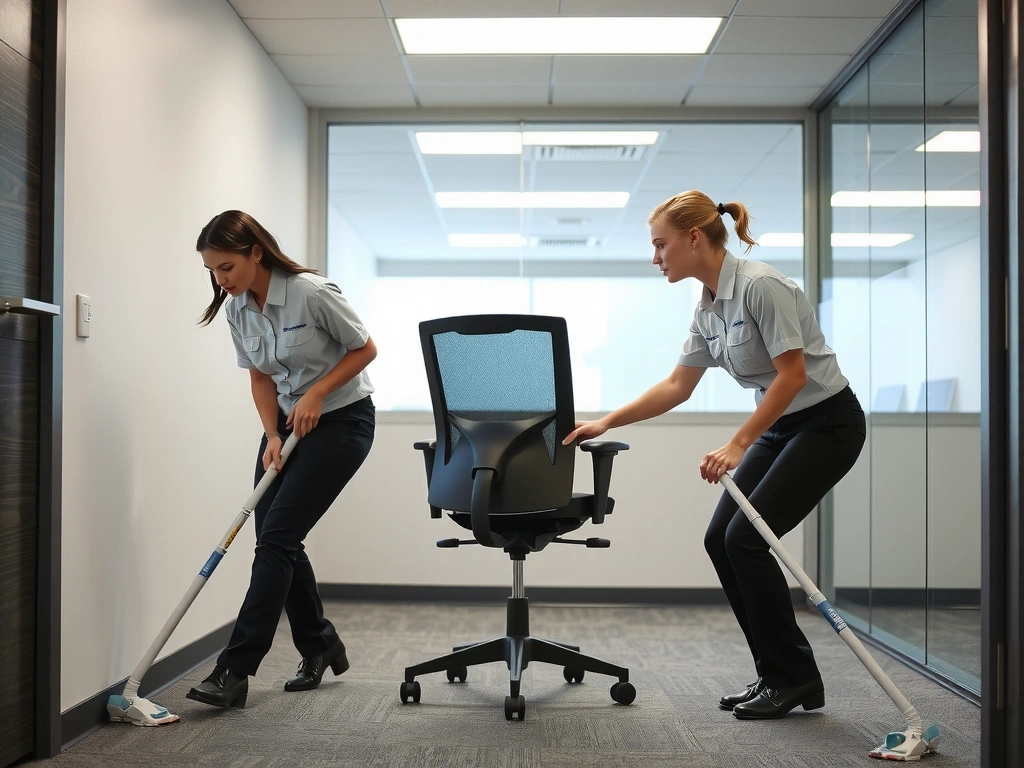 Team members working together to move and clean under heavy office furniture.