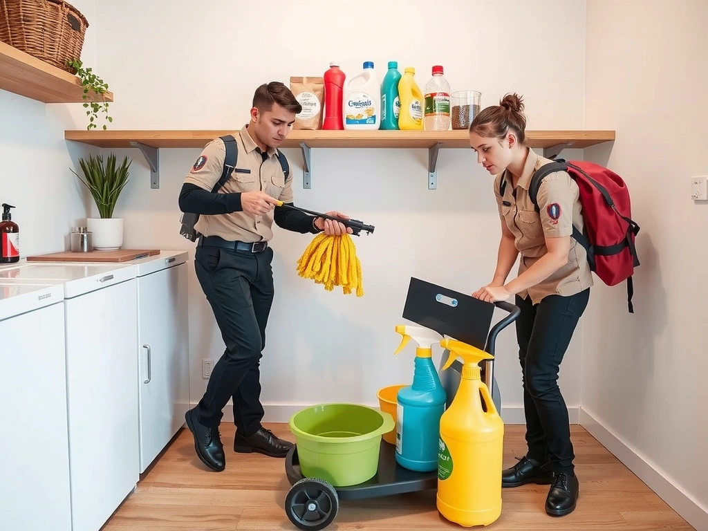 Team members preparing their cleaning equipment and solutions before starting a job.