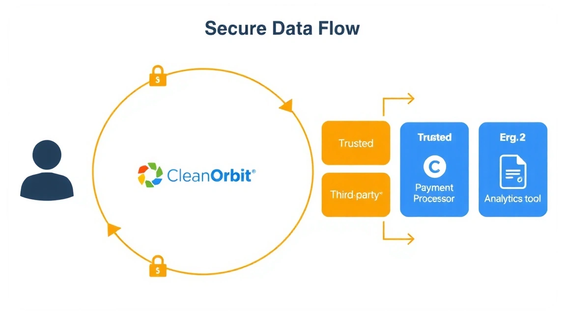 Diagram showing secure data flow between user, CleanOrbit, and trusted third-party services with encryption icons