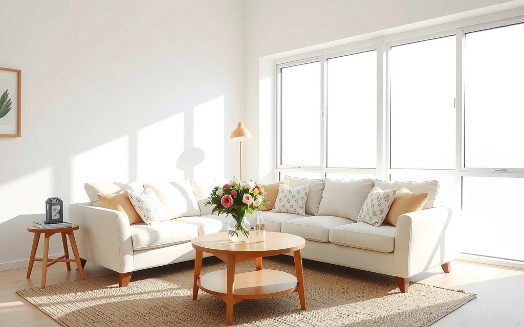A pristine living room with fresh flowers