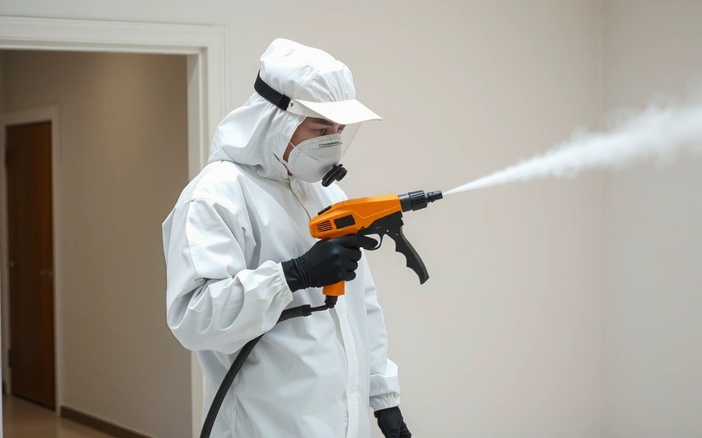 A technician performing electrostatic disinfection