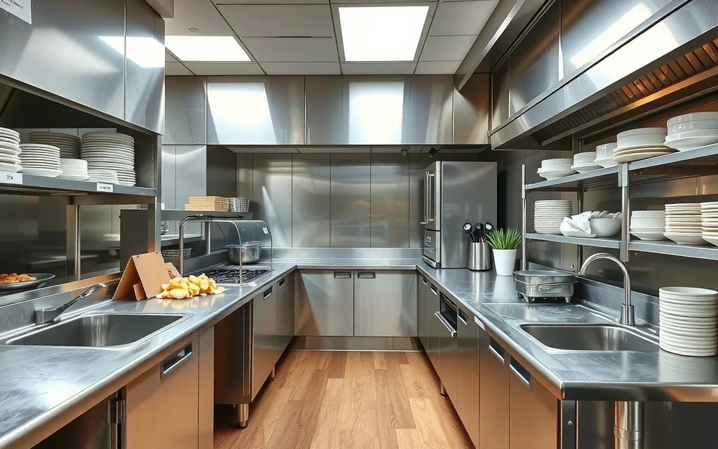 A professional restaurant kitchen, impeccably clean