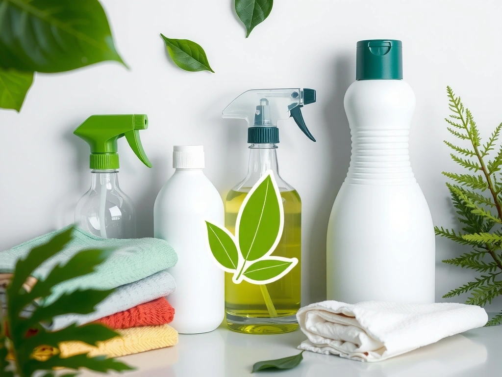 Eco-friendly cleaning products and green leaf icon